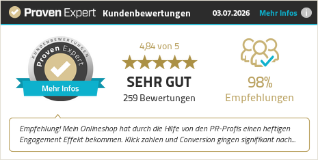 ProvenExpert-Kundenbewertungen: SEHR GUT, 259 Bewertungen, 98 % Empfehlungen